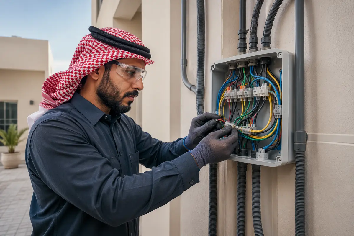 فني أبو تالين ينفذ خدمة إصلاح الأسلاك والتوصيلات في الرياض